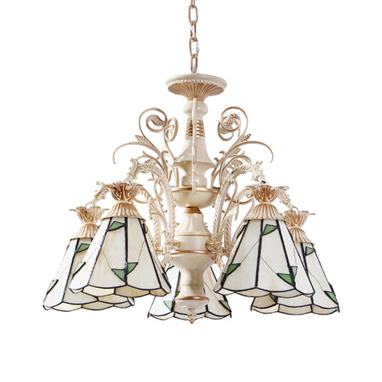 Mission White Stained Glass Leaf Patterned Pendant Chandelier - 3/5-Light Conic Ceiling Hang Fixture