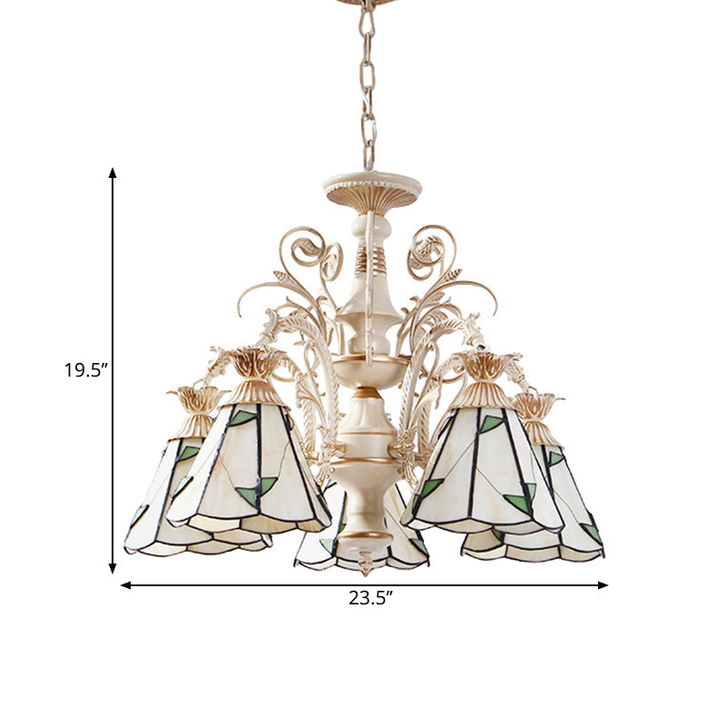 Mission White Stained Glass Leaf Patterned Pendant Chandelier - 3/5-Light Conic Ceiling Hang Fixture