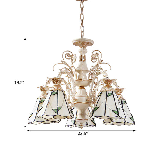 Mission White Stained Glass Leaf Patterned Pendant Chandelier - 3/5-Light Conic Ceiling Hang Fixture