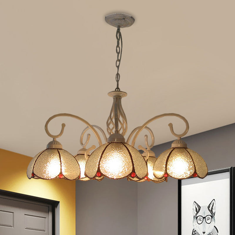 Mediterranean Flower Frosted Glass Pendant Chandelier With 5 Bulbs - Swirled Arm White