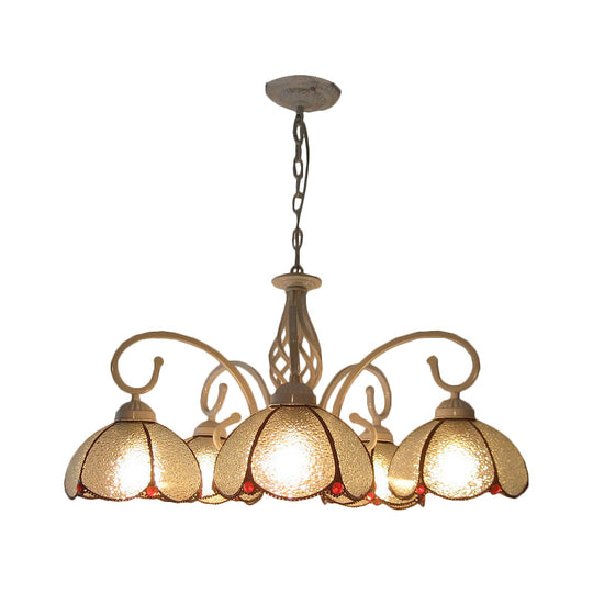 Mediterranean Flower Glass Pendant Chandelier - 5 Bulb Ceiling Lighting Fixture in White with Swirled Arm