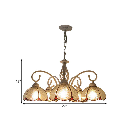 Mediterranean Flower Glass Pendant Chandelier - 5 Bulb Ceiling Lighting Fixture in White with Swirled Arm