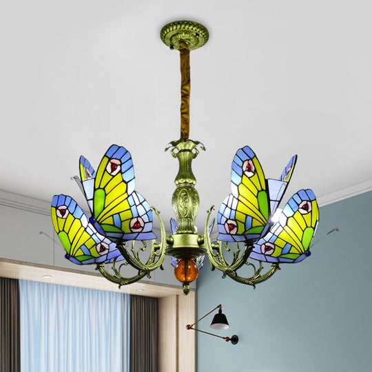 Stained Glass Butterfly Chandelier: Orange, Yellow & Green Colors, 3/5 Bulbs, Perfect for Bedroom