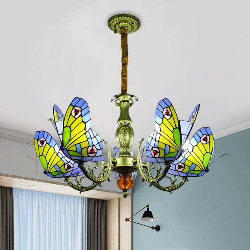 Stained Glass Butterfly Chandelier: Tiffany Style Lamp With Orange/Yellow And Green Suspension