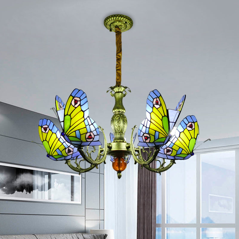 Stained Glass Butterfly Chandelier: Orange, Yellow & Green Colors, 3/5 Bulbs, Perfect for Bedroom