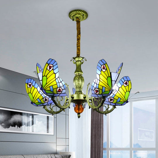 Stained Glass Butterfly Chandelier: Orange, Yellow & Green Colors, 3/5 Bulbs, Perfect for Bedroom