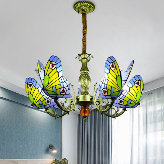 Stained Glass Butterfly Chandelier: Orange, Yellow & Green Colors, 3/5 Bulbs, Perfect for Bedroom