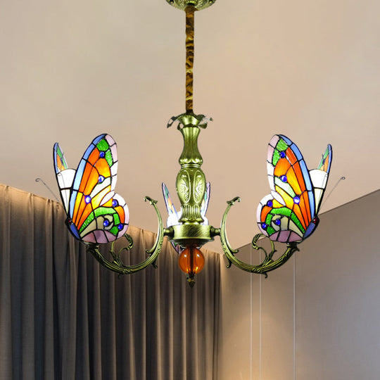 Stained Glass Butterfly Chandelier: Orange, Yellow & Green Colors, 3/5 Bulbs, Perfect for Bedroom