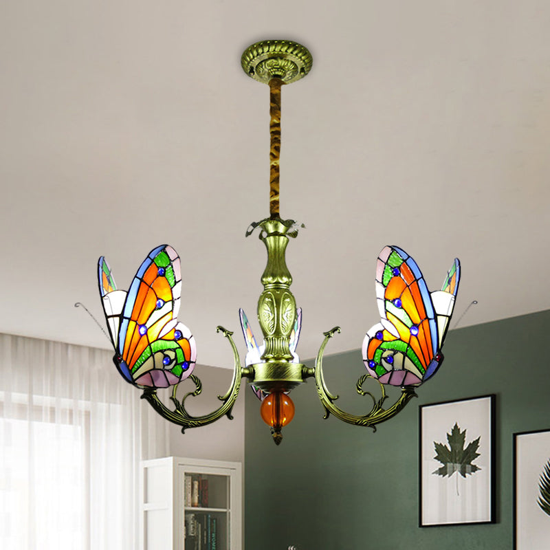 Stained Glass Butterfly Chandelier: Orange, Yellow & Green Colors, 3/5 Bulbs, Perfect for Bedroom