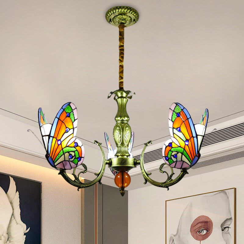 Stained Glass Butterfly Chandelier: Orange, Yellow & Green Colors, 3/5 Bulbs, Perfect for Bedroom