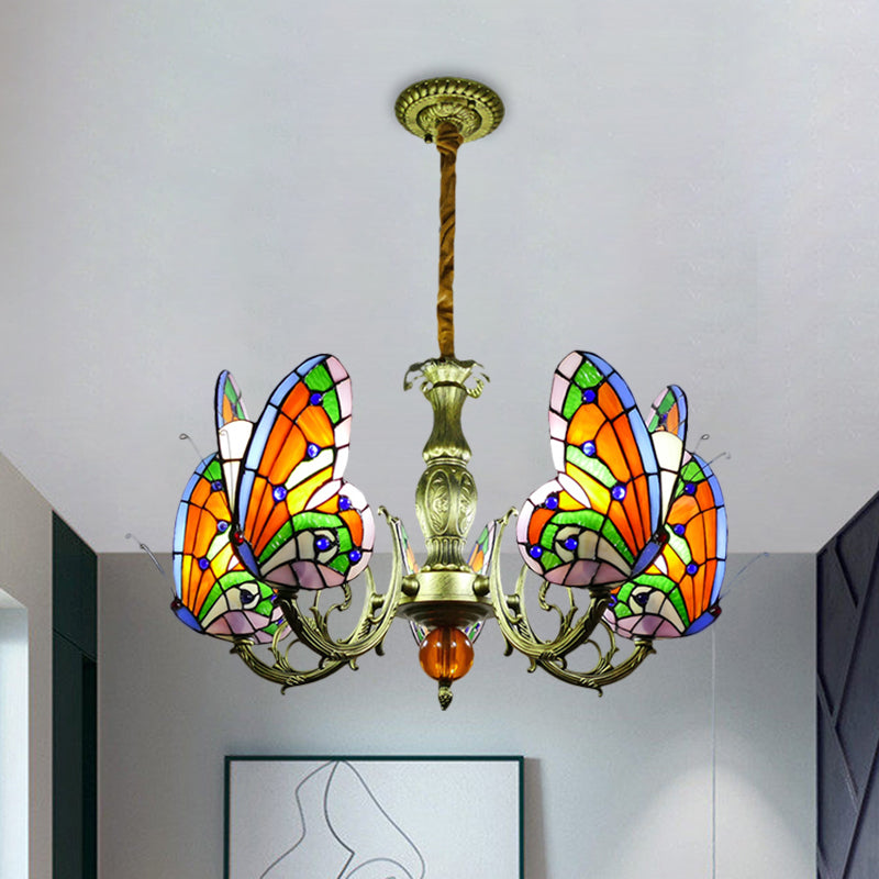 Stained Glass Butterfly Chandelier: Orange, Yellow & Green Colors, 3/5 Bulbs, Perfect for Bedroom