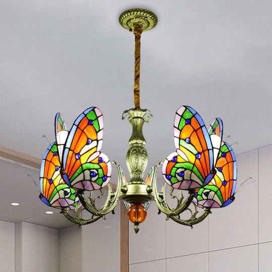 Stained Glass Butterfly Chandelier: Orange, Yellow & Green Colors, 3/5 Bulbs, Perfect for Bedroom