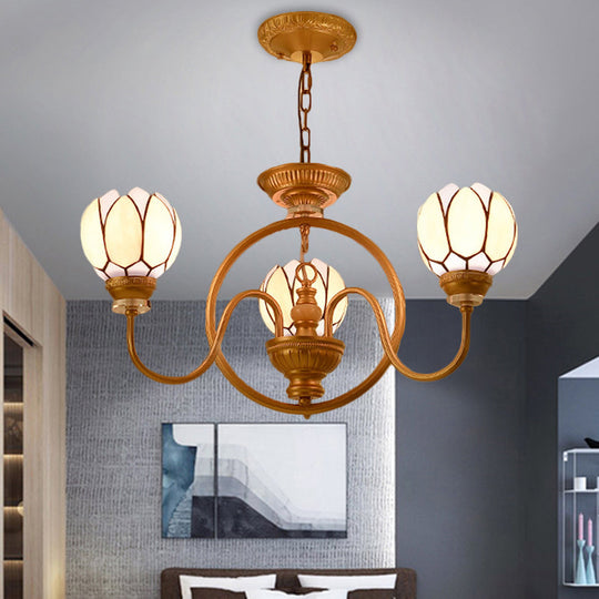 Hand-Cut Glass Shade Dining Room Chandelier with Tiffany Gold Pendant Light: 3/5 Bulbs, Flower Design