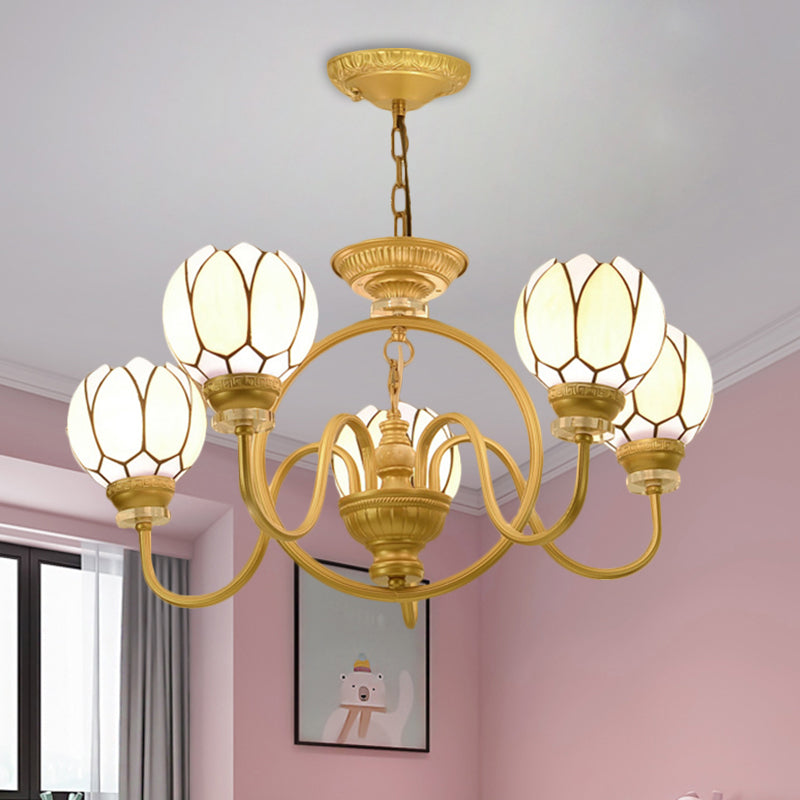 Hand-Cut Glass Shade Dining Room Chandelier with Tiffany Gold Pendant Light: 3/5 Bulbs, Flower Design