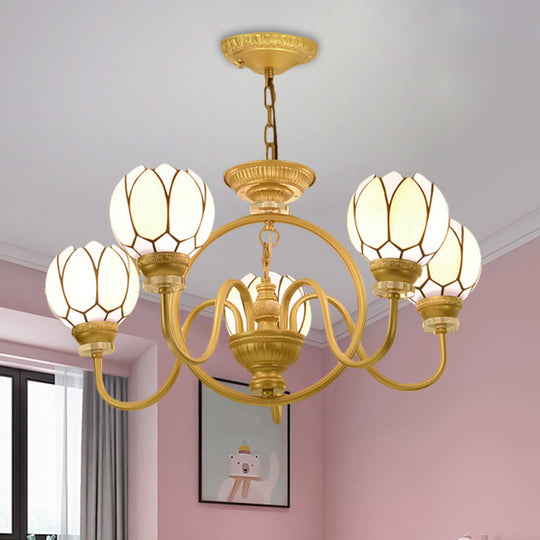 Modern Tiffany Gold Pendant Chandelier With Hand-Cut Flower Glass Shade - 3/5 Bulbs Ideal For Dining