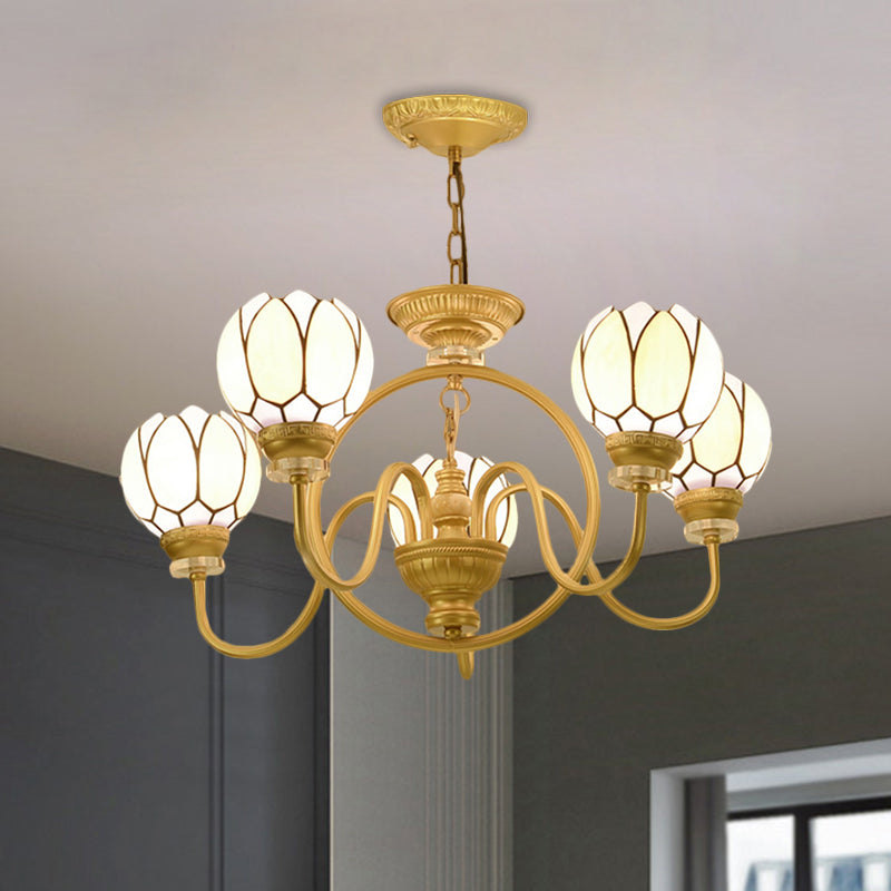 Hand-Cut Glass Shade Dining Room Chandelier with Tiffany Gold Pendant Light: 3/5 Bulbs, Flower Design