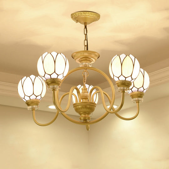 Hand-Cut Glass Shade Dining Room Chandelier with Tiffany Gold Pendant Light: 3/5 Bulbs, Flower Design