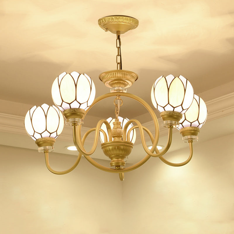 Modern Tiffany Gold Pendant Chandelier With Hand-Cut Flower Glass Shade - 3/5 Bulbs Ideal For Dining