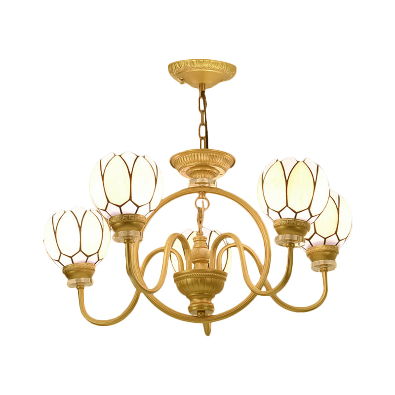 Hand-Cut Glass Shade Dining Room Chandelier with Tiffany Gold Pendant Light: 3/5 Bulbs, Flower Design