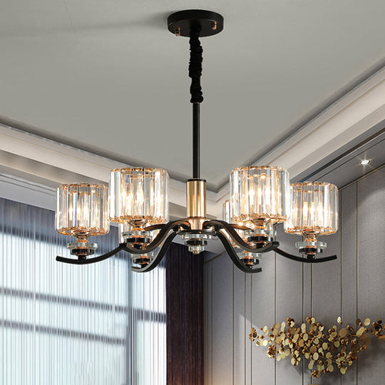 6-Bulb Black Cylinder Hanging Ceiling Light with Crystal Prisms - Elegant Bedroom Chandelier Lamp