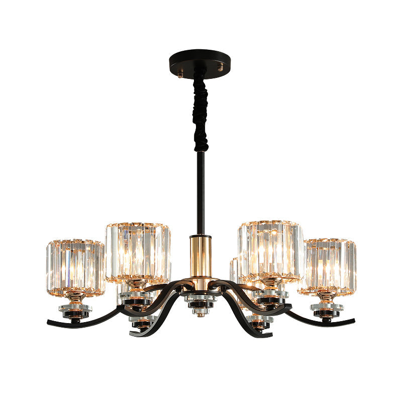 6-Bulb Black Cylinder Hanging Ceiling Light with Crystal Prisms - Elegant Bedroom Chandelier Lamp