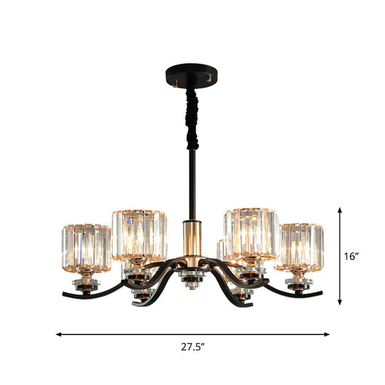 6-Bulb Black Crystal Prisms Bedroom Chandelier With Cylinder Hanging Ceiling Light