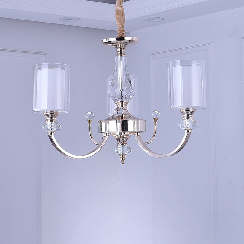 Contemporary Dual-Cylinder Gold Chandelier - 3 Lights Clear & White Glass Shade