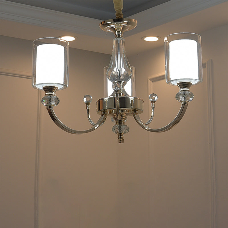 Contemporary Dual-Cylinder Gold Chandelier - 3 Lights Clear & White Glass Shade