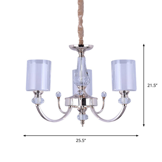 Contemporary Dual-Cylinder Gold Chandelier - 3 Lights Clear & White Glass Shade