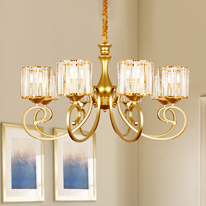 Modern Prismatic Glass Cylinder Chandelier: 8-Head Gold Pendant Light