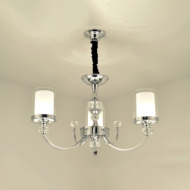 Dual-Layer Clear And Opal Glass Ceiling Lamp: 3-Head Minimalism Chandelier With Crystal Deco In