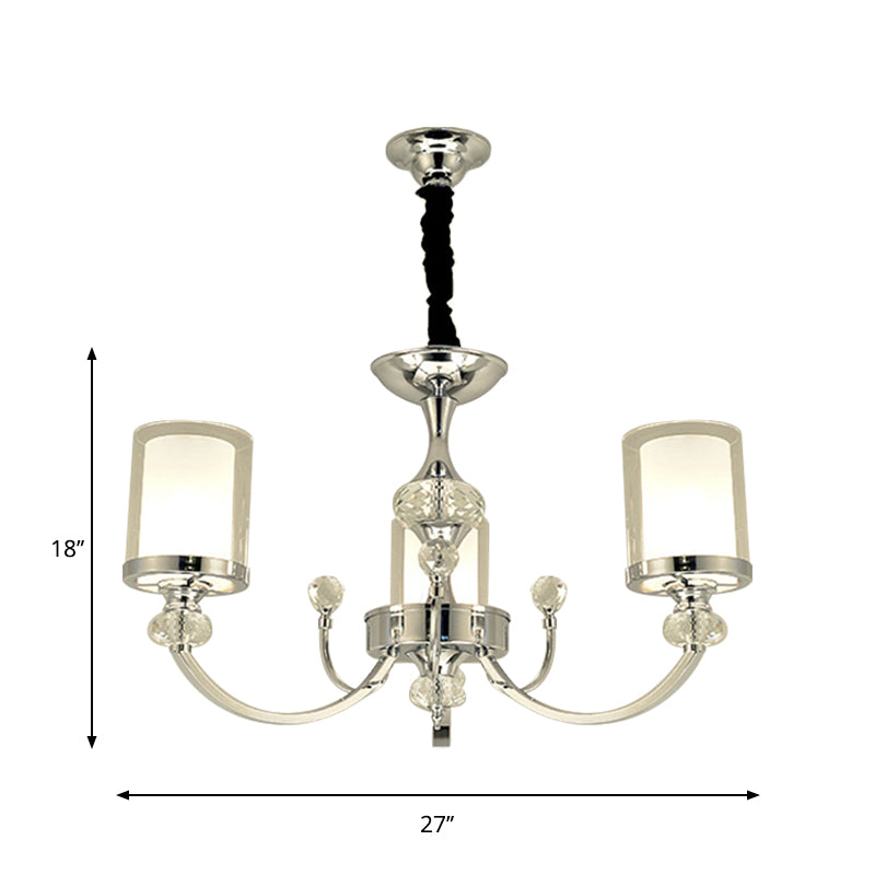 Minimalistic Crystal-Decorated Dual-Layer Parlor Ceiling Lamp with Clear and Opal Glass Shades - 3-Head Chandelier in Chrome