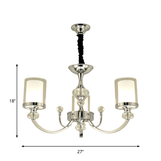 Minimalistic Crystal-Decorated Dual-Layer Parlor Ceiling Lamp with Clear and Opal Glass Shades - 3-Head Chandelier in Chrome