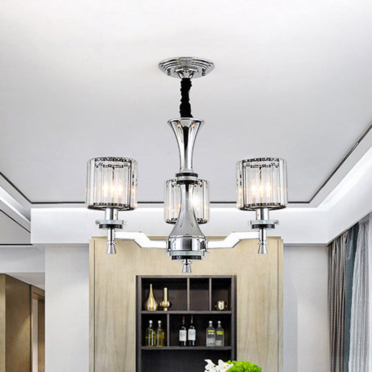 Modern Chrome Chandelier Light Fixture with Cylinder Crystal Prisms and 3 Bulbs