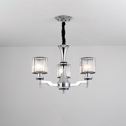 Modern Chrome Chandelier Light Fixture with Cylinder Crystal Prisms and 3 Bulbs