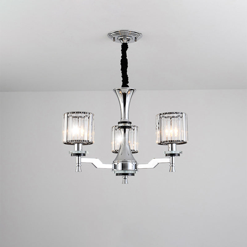 Modern Chrome Chandelier With Cylinder Crystal Prisms - 3-Bulb Suspension Lamp Fixture