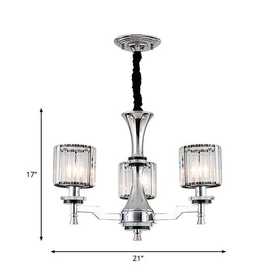 Modern Chrome Chandelier Light Fixture with Cylinder Crystal Prisms and 3 Bulbs