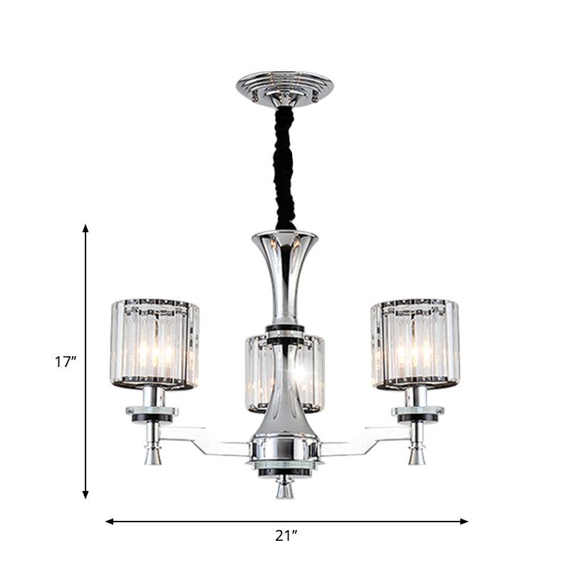 Modern Chrome Chandelier With Cylinder Crystal Prisms - 3-Bulb Suspension Lamp Fixture