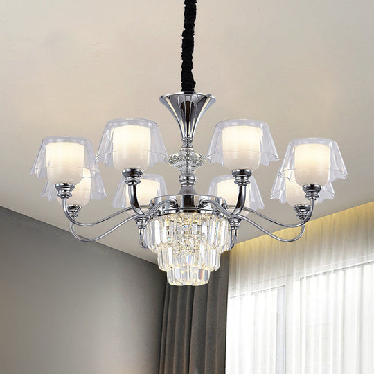 Layered Chandelier Minimalist Crystal Block Pendant - Chrome Ceiling Lighting with Clear Glass Shade (6/8-Light)