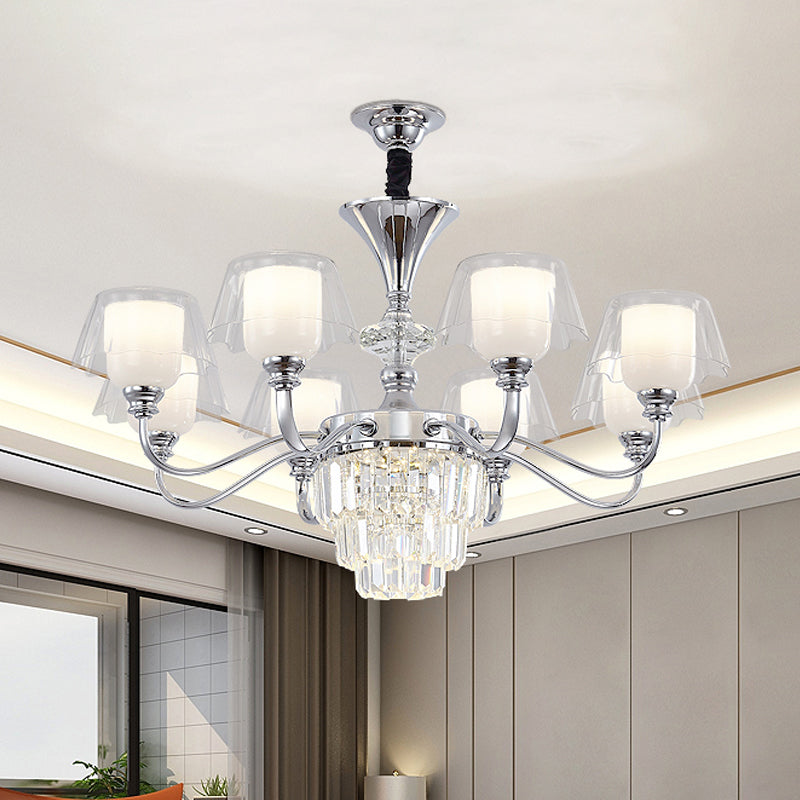 Layered Chandelier Minimalist Crystal Block Pendant - Chrome Ceiling Lighting with Clear Glass Shade (6/8-Light)