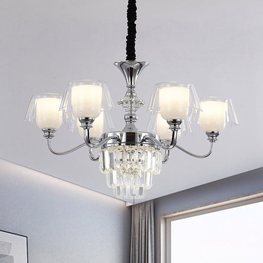 Layered Chandelier Minimalist Crystal Block Pendant - Chrome Ceiling Lighting with Clear Glass Shade (6/8-Light)