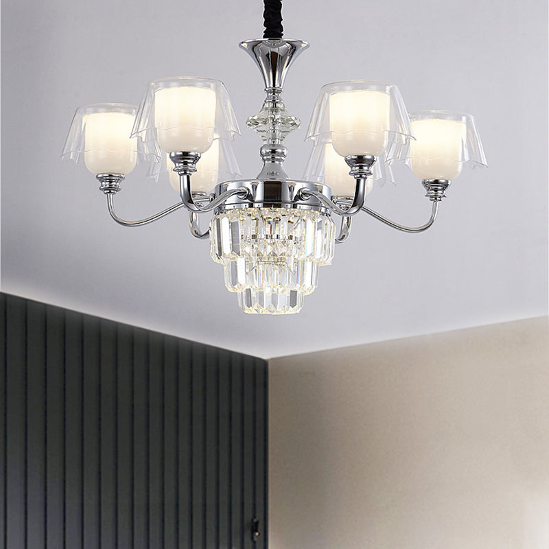 Layered Chandelier Minimalist Crystal Block Pendant - Chrome Ceiling Lighting with Clear Glass Shade (6/8-Light)