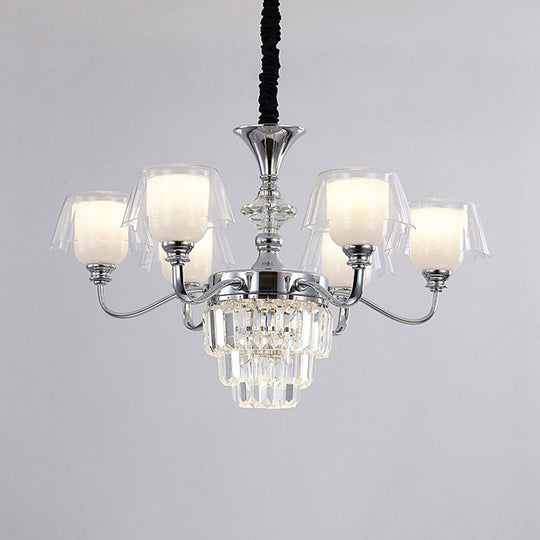 Layered Chandelier Minimalist Crystal Block Pendant - Chrome Ceiling Lighting with Clear Glass Shade (6/8-Light)