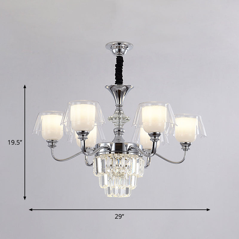 Layered Chandelier Minimalist Crystal Block Pendant - Chrome Ceiling Lighting with Clear Glass Shade (6/8-Light)