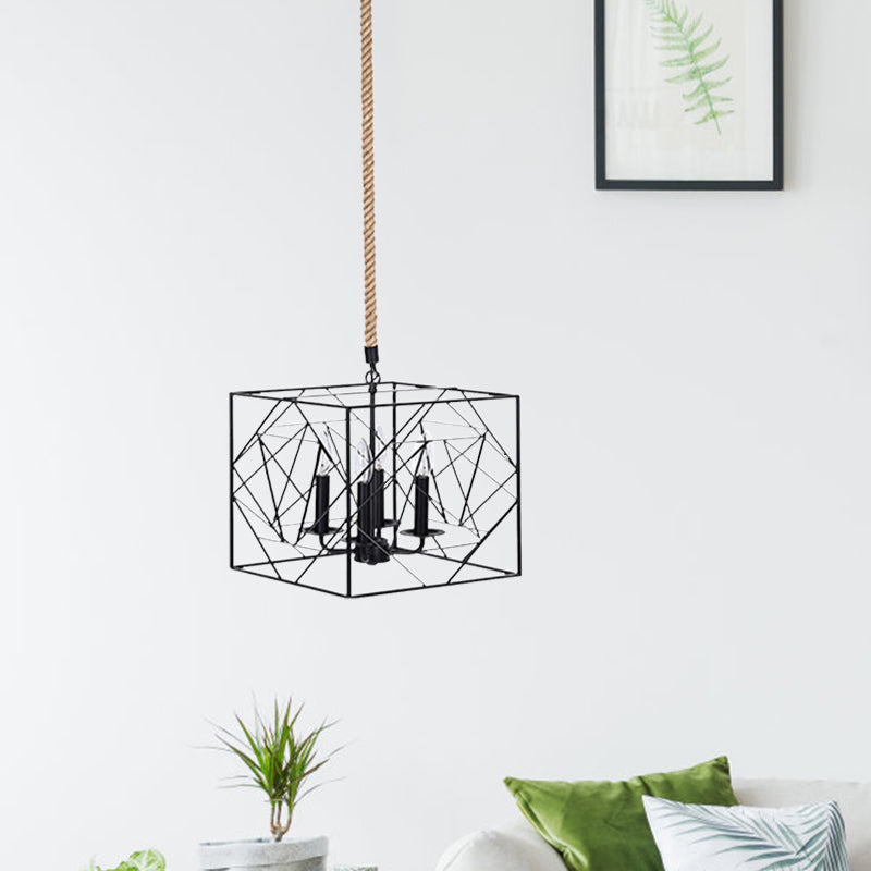 Metallic Chandelier Lamp - 4 Heads, Black Cubic Frame, Candlestick Design - Perfect for Dining Room and Warehouse Lighting