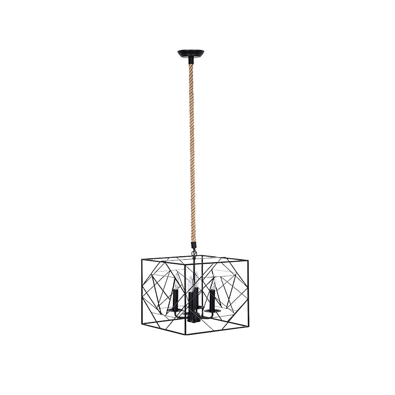 Metallic Chandelier Lamp - 4 Heads, Black Cubic Frame, Candlestick Design - Perfect for Dining Room and Warehouse Lighting