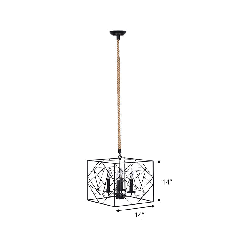 Metallic Chandelier Lamp - 4 Heads, Black Cubic Frame, Candlestick Design - Perfect for Dining Room and Warehouse Lighting