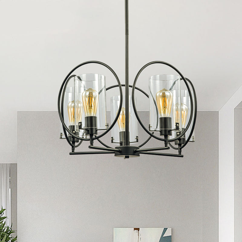 Farmhouse Cylinder Pendant Chandelier With 5 Clear Glass Lights And Hoop Design Black