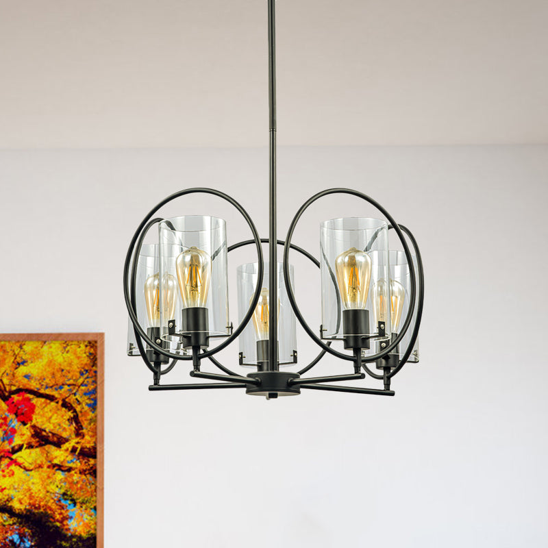 Farmhouse 5-Light Black Chandelier with Clear Glass Cylinder Shades and Hoop Design