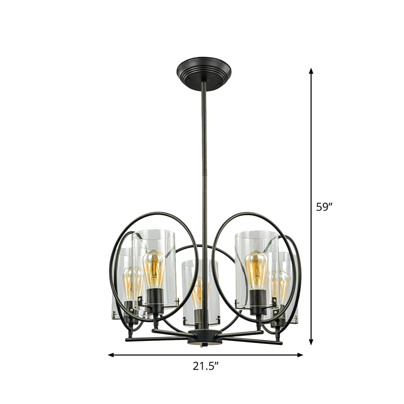 Farmhouse 5-Light Black Chandelier with Clear Glass Cylinder Shades and Hoop Design